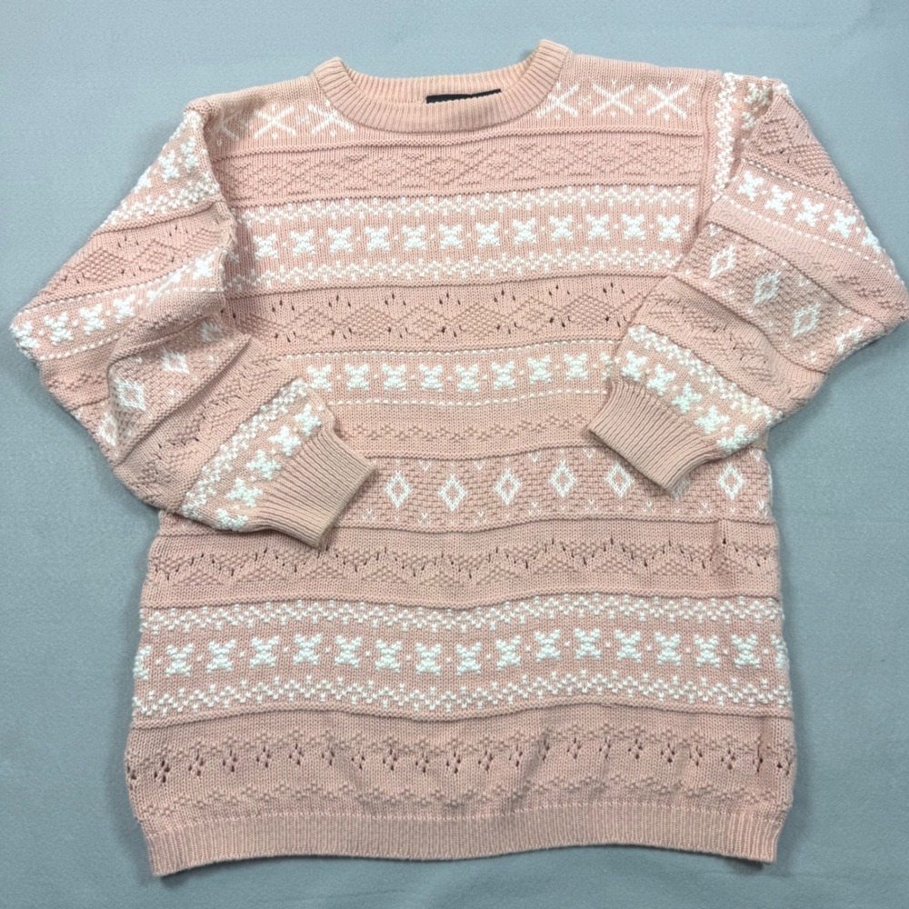 Vintage Lizsport Cottage Core Pink White Fair Isle Cotton Knit Sweater SmallP